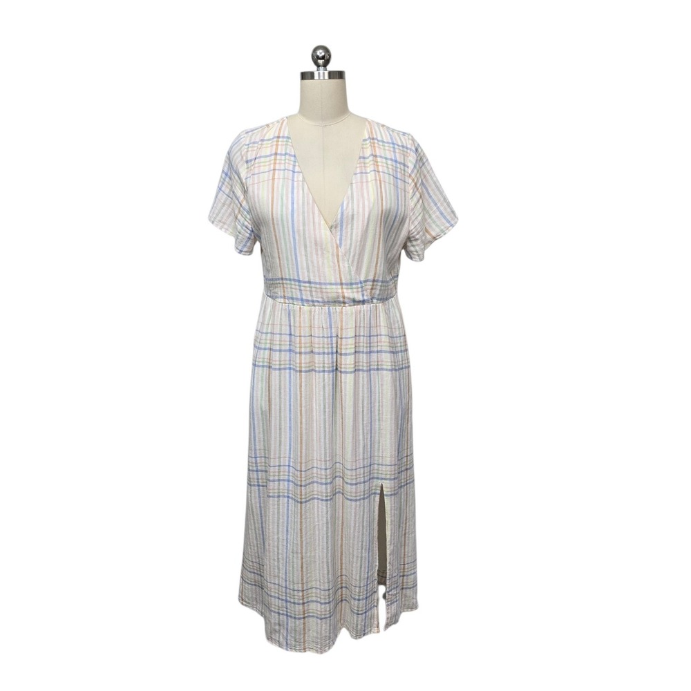 Madewell Women Pastel Plaid Linen Blend Wrap Midi Dress Short Sleeve Size Medium